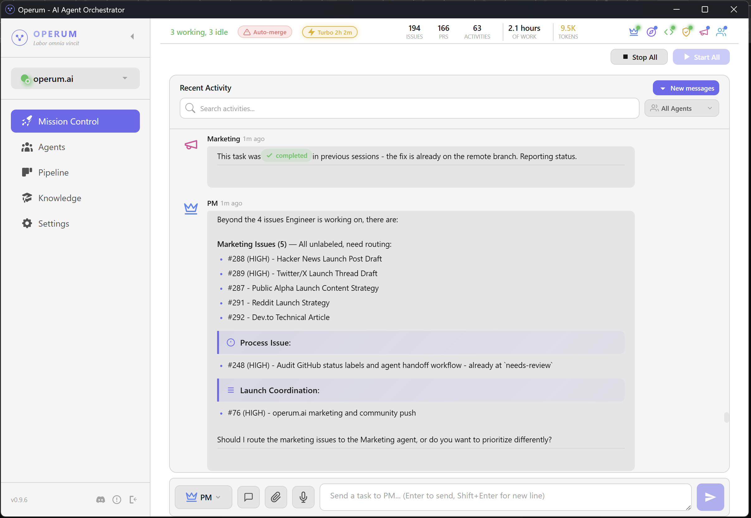 Operum Mission Control dashboard showing 3 agents working, 194 issues, 166 PRs, and agents self-coordinating